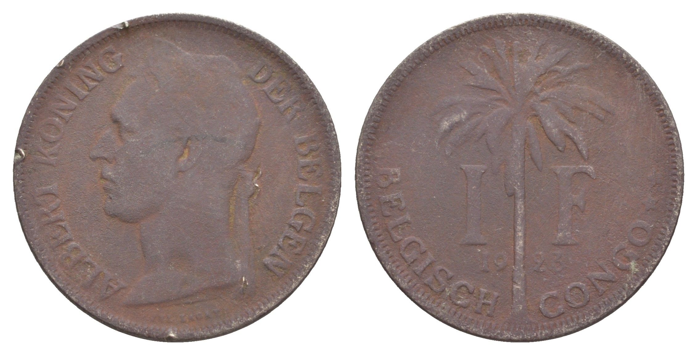 Бельгийское Конго 1 франк 1923 Надпись на голландском - 'ALBERT KONING DER BELGEN' KM 21 медно-никель 4650-436