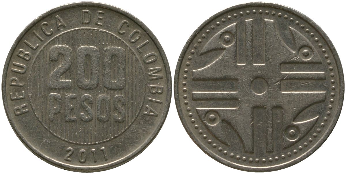 Колумбия 200 песо 2011 KM 287.4, Schon 113, Restrepo 446 никель латунь 4538-443