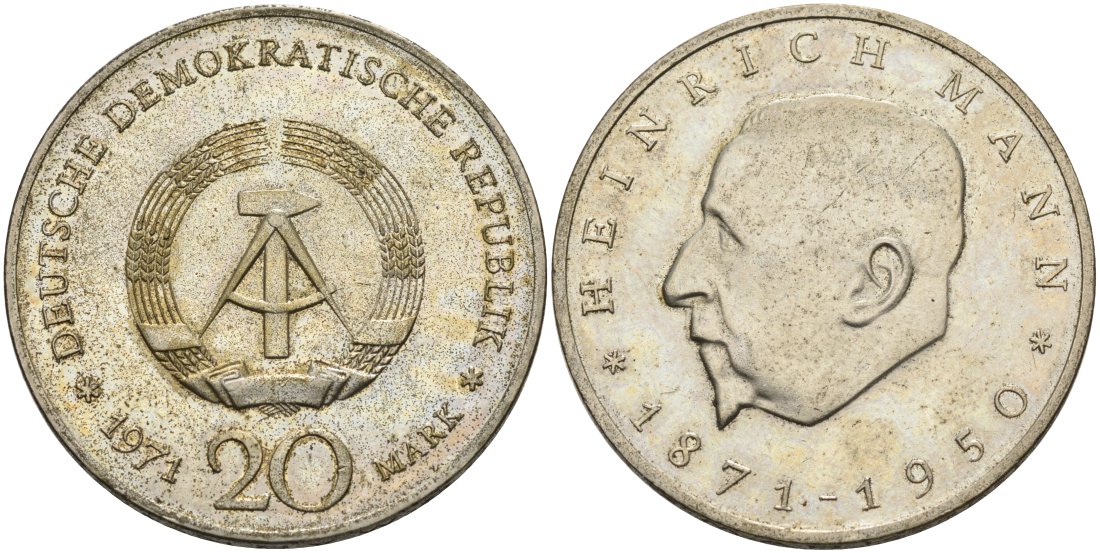 ГДР 20 марок 1971 А, 100 лет со дня рождения Генриха Манна (1871-1950) KM 33, J. 1531 медно-никель UNC 4558-613