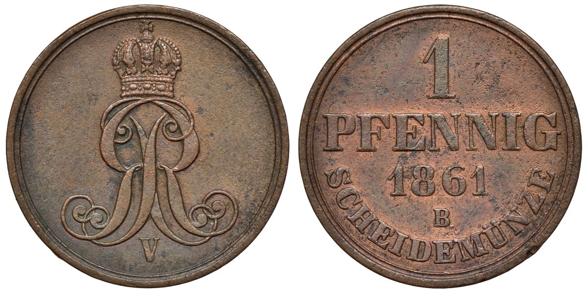 Ганновер 1 пфенниг 1861 B, Георг V KM 233, AKS 156, J. 90 медь 4594-436