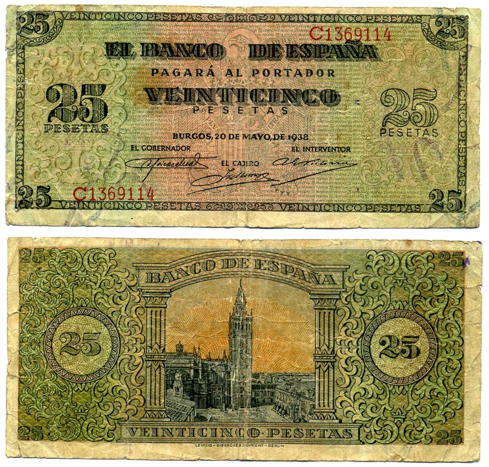 Испания 25 песет 1938 20 мая 1938 Pick 111а бумага 8612-10-3-2