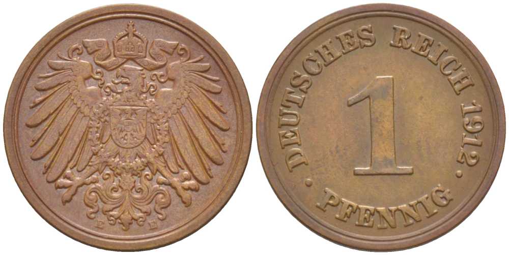 ГЕРМАНИЯ 1 ПФЕННИГ 1912 E KM 10, J. 10, Weege 2 медь 211-454