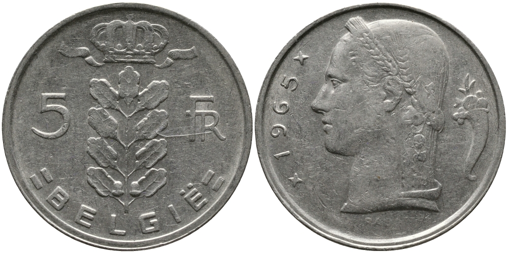 БЕЛЬГИЯ 5 ФРАНКОВ 1965 BELGIE KM 135.1 медно-никель 98-544