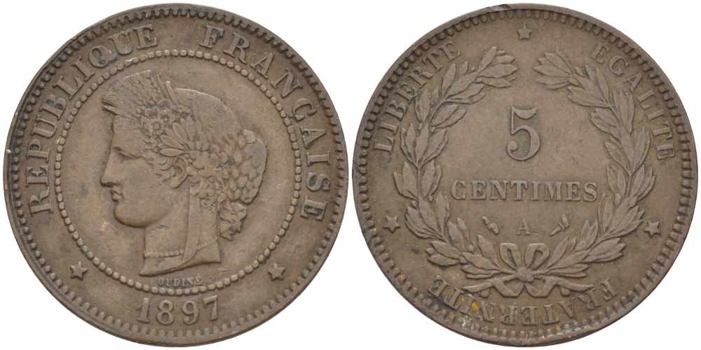 ФРАНЦИЯ 5 САНТИМОВ 1897 А, ТРЕТЬЯ РЕСПУБЛИКА (1871-1940) KM 821.1, LE FRANC 118.41 бронза 108-652
