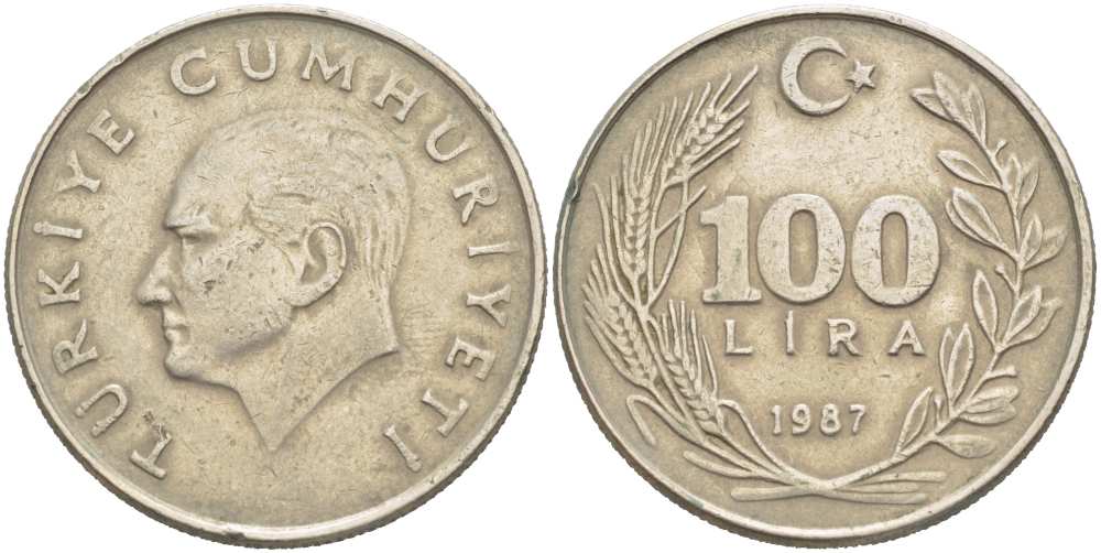 ТУРЦИЯ 100 ЛИР 1987 КЕМАЛЬ АТАТЮРК KM 967 медь никель цинк 215-623