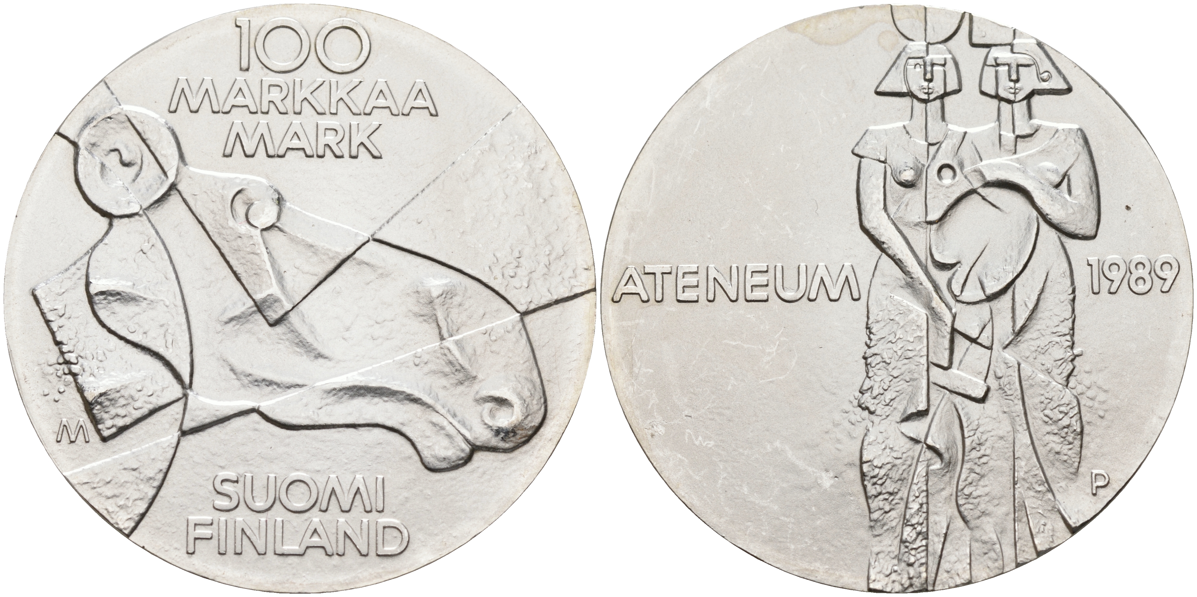 Финляндия 100 марок 1989 Центральный художественный музей Атенеум, лось KM 75 серебро UNC 1525-1331