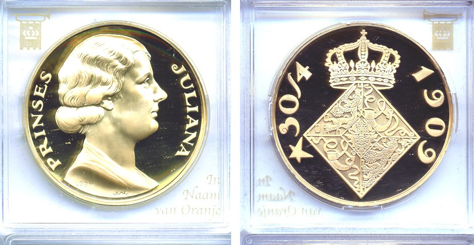 НИДЕРЛАНДЫ МЕДАЛЬ ND 30 АПРЕЛЯ 1909 ГОДА РОЖДЕНИЕ ПРИНЦЕССЫ ЮЛИАНЫ бронза, позолота PROOF 5-3-1-73