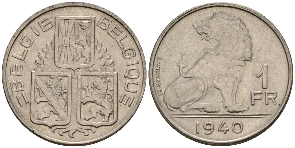 Бельгия 1 франк 1940 Belgie - Belgique KM 120 никель 217-853