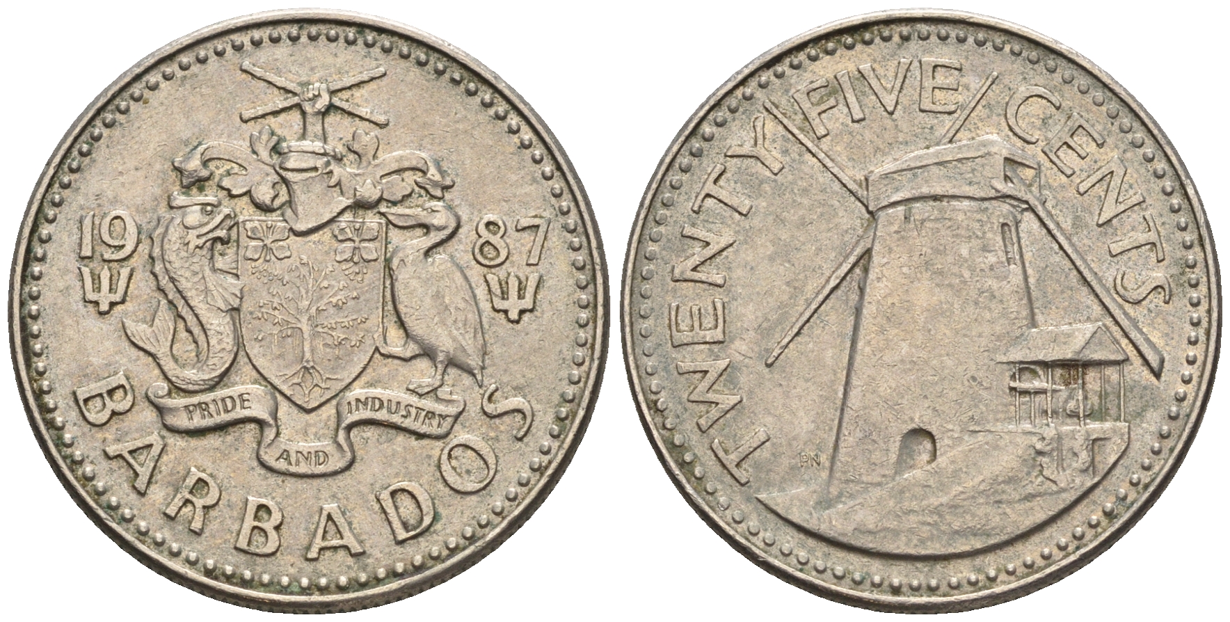 Барбадос 25 центов 1987 ветряная мельница Моргана Льюиса KM 13 медно-никель 87-247