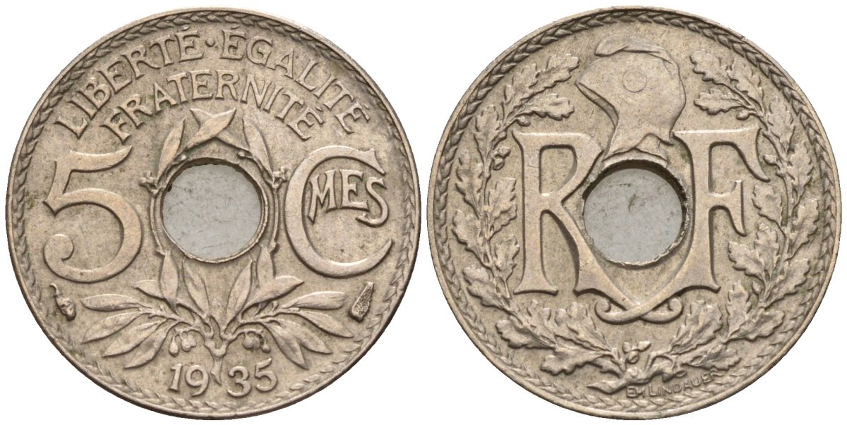 Франция 5 сантимов 1935 KM 875 медно-никель 4596-633