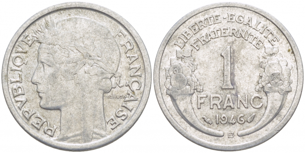ФРАНЦИЯ 1 ФРАНК 1946 В KM 885a.2 алюминий 4402-1025