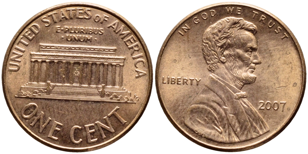 США 1 ЦЕНТ 2007 ЛИНКОЛЬН KM 201b цинк плакированный медью 4396-513