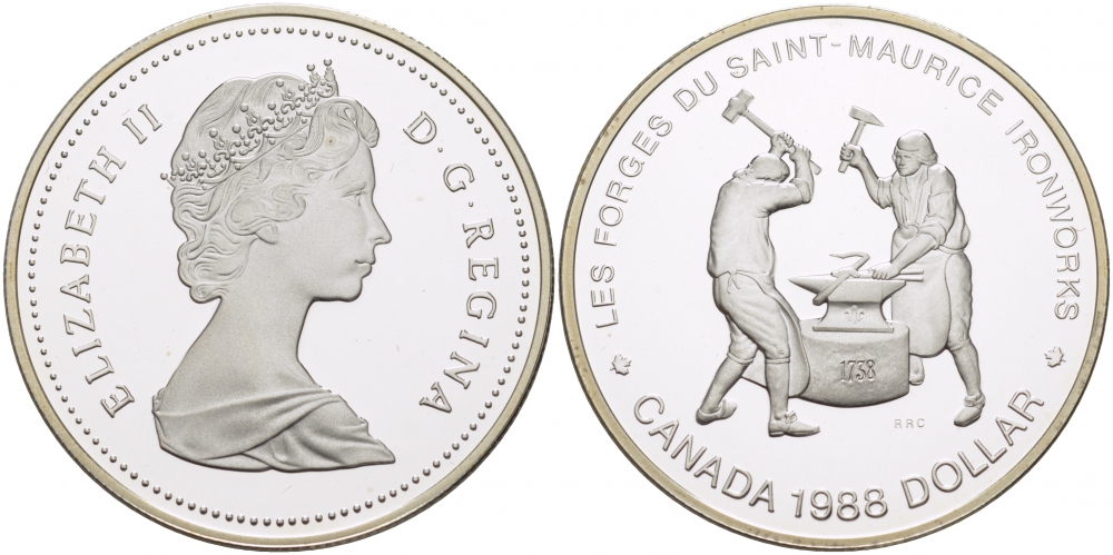 Канада 1 доллар 1988 250 лет кузницам Сен-Мориса, Елизавета II (1952-) KM 161 серебро PROOF 04-313-34