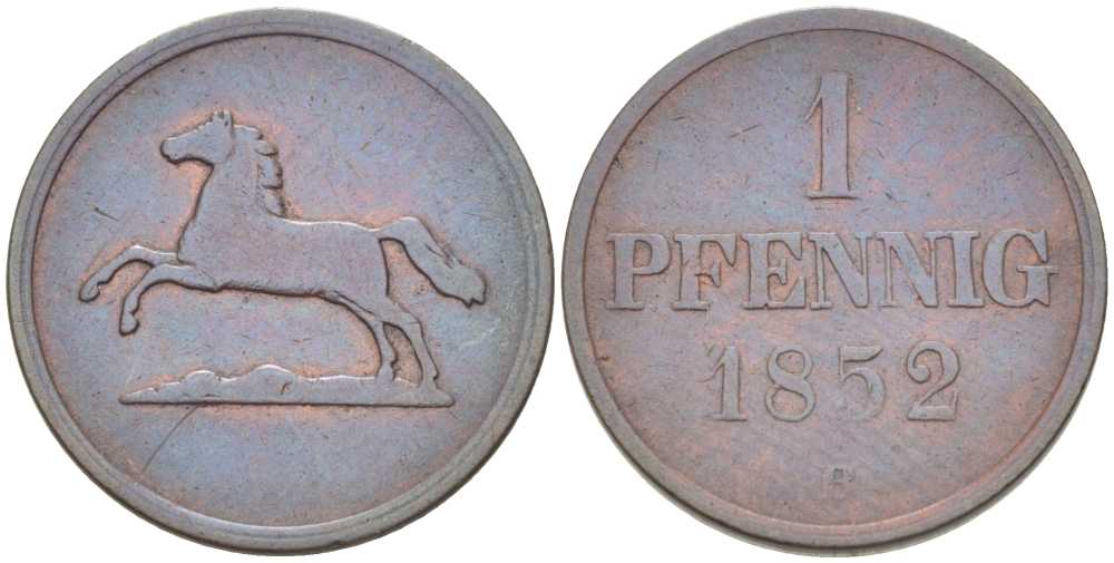 БРАУНШВЕЙГ-ВОЛЬФЕНБЮТТЕЛЬ 1 ПФЕННИГ 1852 В, ВИЛЬГЕЛЬМ (1831-1884) KM 1142 медь 210-147