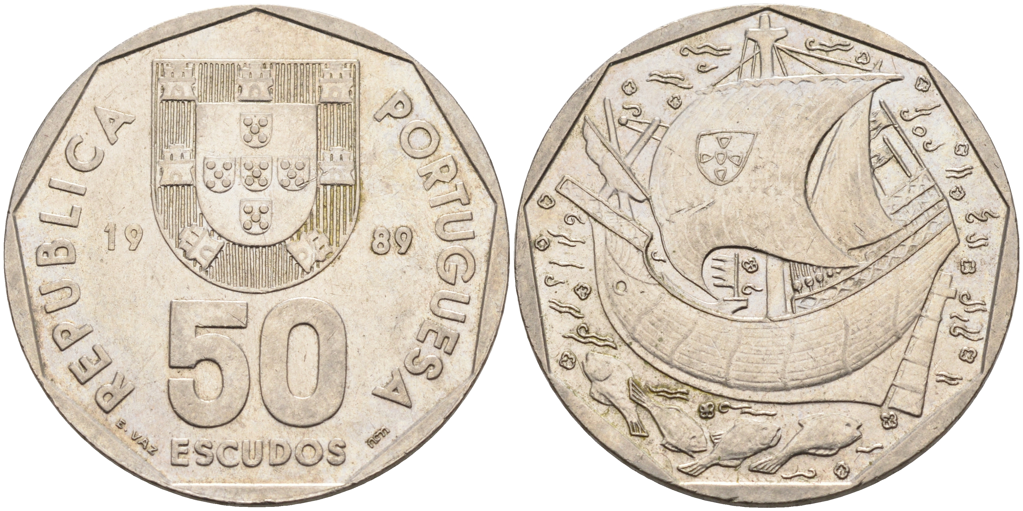 ПОРТУГАЛИЯ 50 ЭСКУДО 1989 ПАРУСНИК KM 636 медно-никель 4565-125