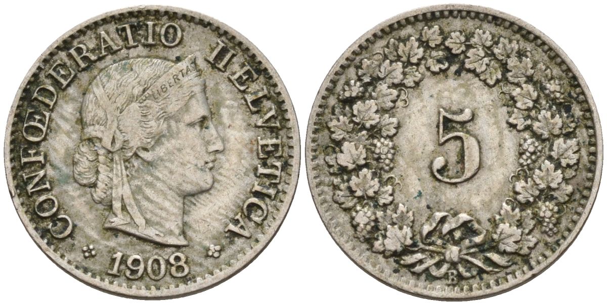 Швейцария 5 раппенов 1908 KM 26 медно-никель 4152-558