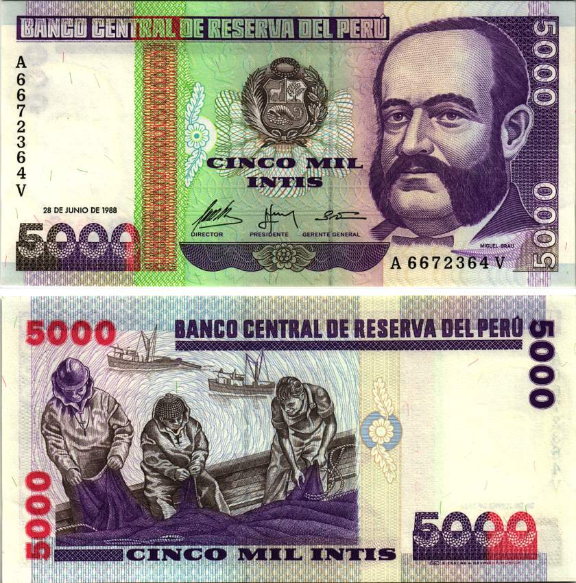 Перу 5000 инти 1988 G&D, адмирал Мигель Грау Pick 137 бумага UNC (пресс) 8615-47-1-1