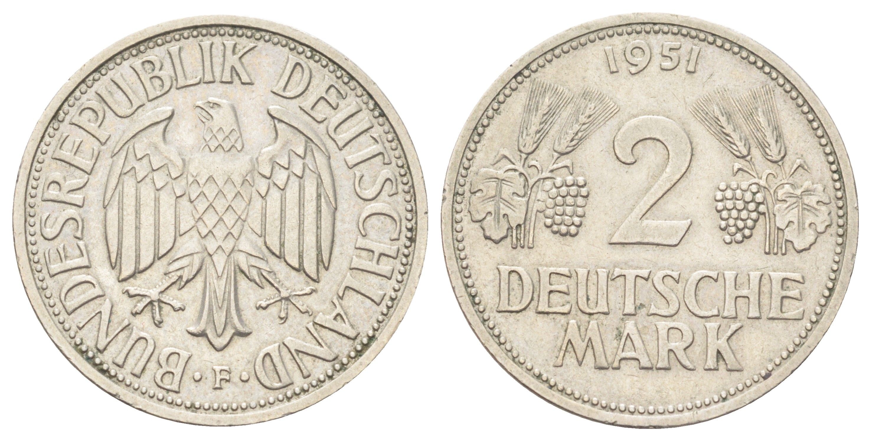 ФРГ 2 марки 1951 J, год-тип KM 111, J. 386 медно-никель 1521-1641