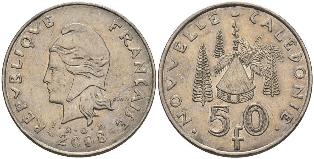 Французская Новая Каледония 50 франков 2008 хижина среди сосен и пальм, (IEOM) KM 13a, Schoen 15a, Lec 128i медно-никель 4111-615