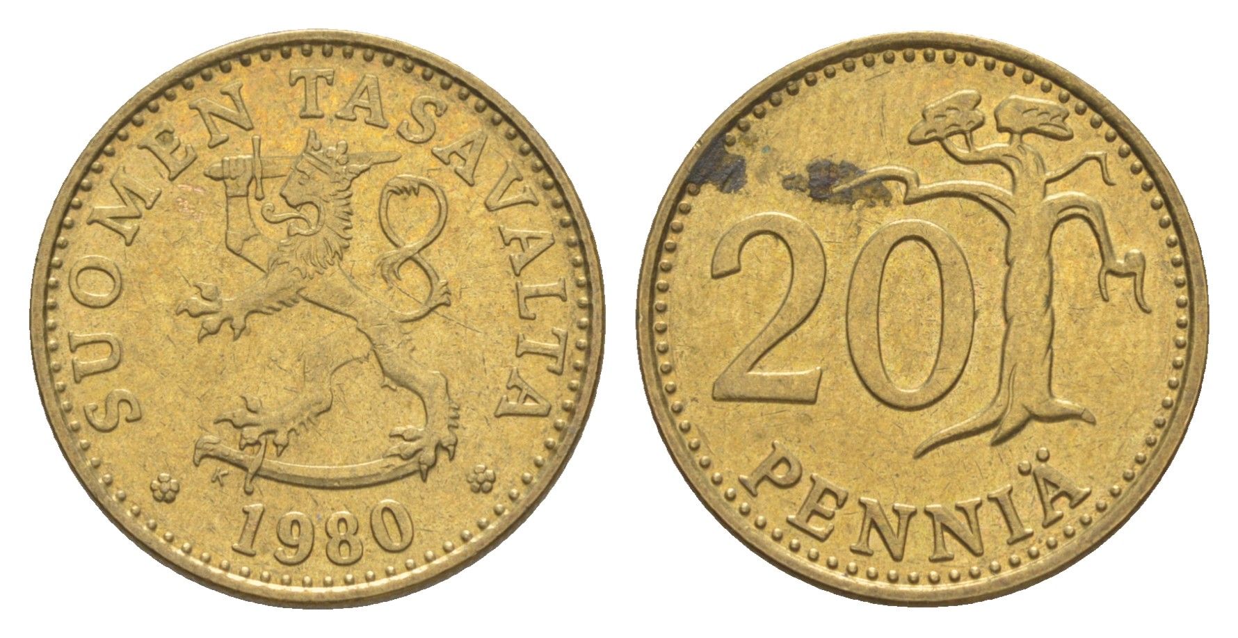 Финляндия 20 пенни 1980 KM 47 алюминиевая бронза UNC 4525-924