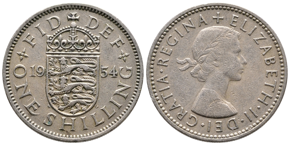 Великобритания 1 шиллинг 1954 Елизавета II (1952-2022), Английский герб KM 904, Spink 4147 медно-никель 86-924
