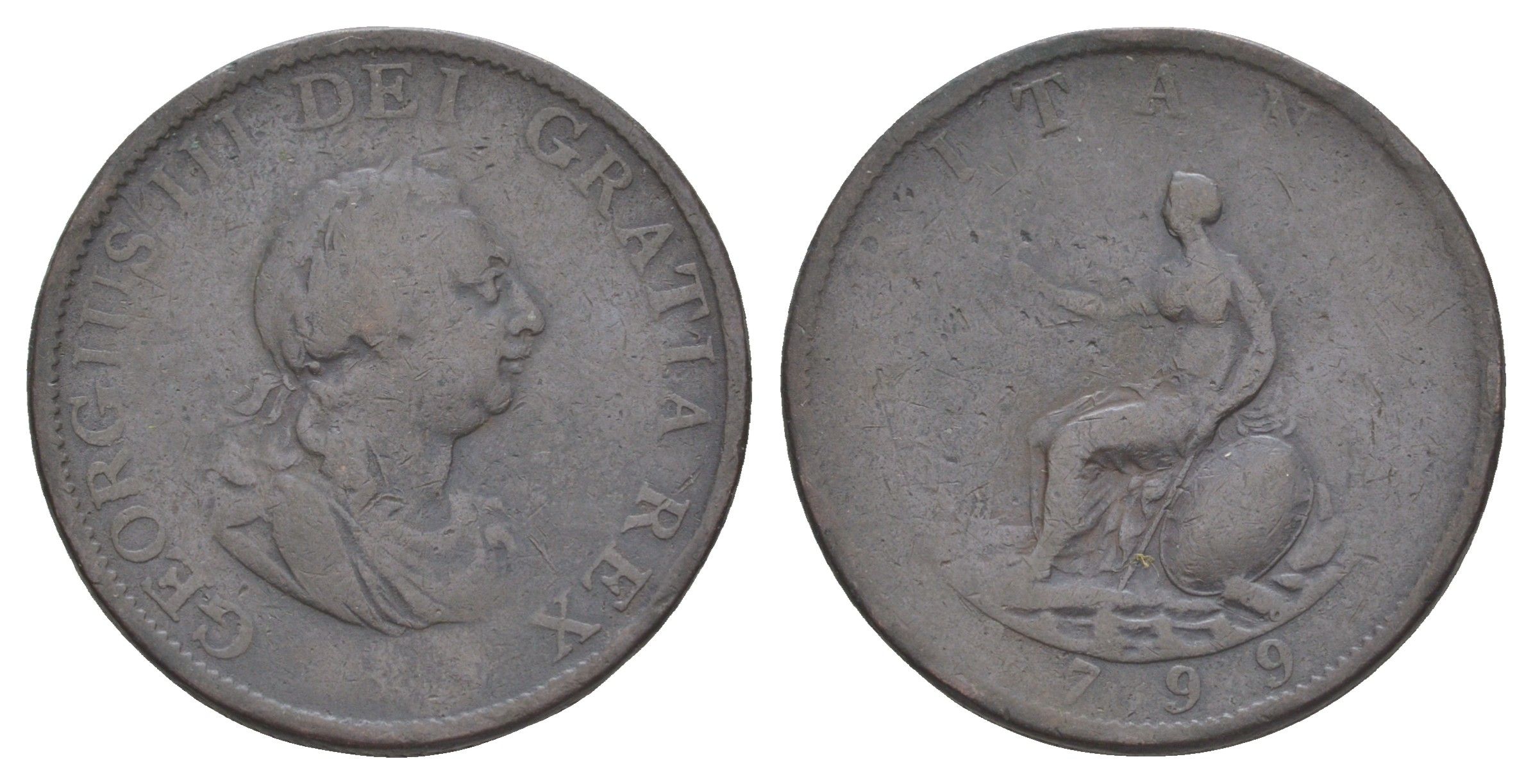 Великобритания 1/2 пенни 1799 Георг II (1727-1760) KM 647, Spink 3778 медь 4634-912