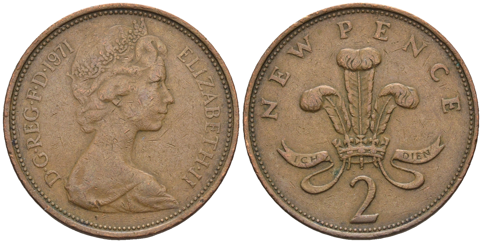 Великобритания 2 пенса 1971 Елизавета II (1952-2022) KM 916, Spink 4235 (C1) бронза 85-1112