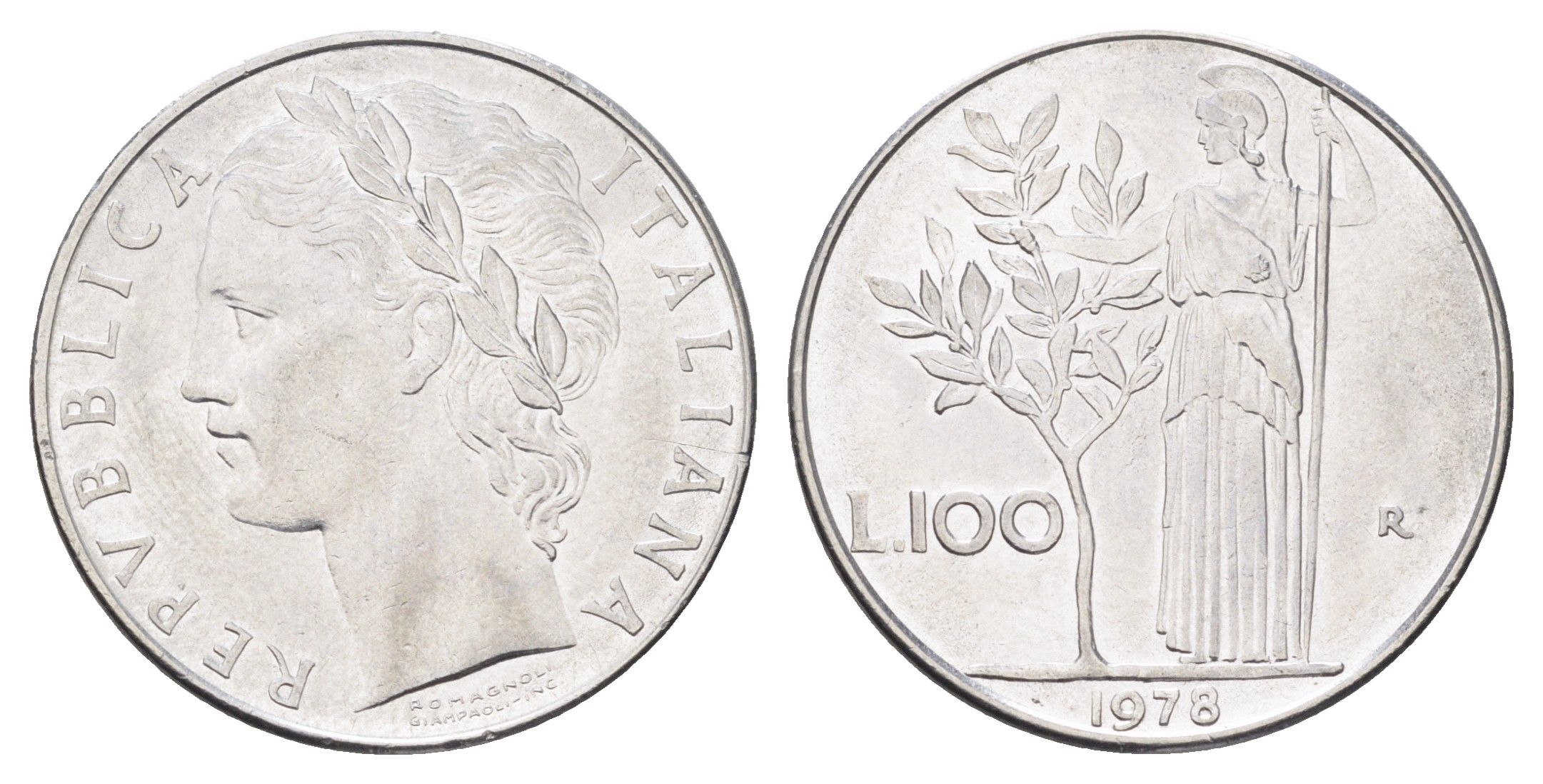 Италия 100 лир 1978 R, Афина в доспехах KM 96.1 нержавеющая сталь 4704-746