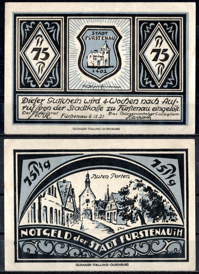 Фюрстенау (Пруссия, Ганновер) 75 пфеннигов 1921 Mehl Grabowski 400.1-3/4 бумага UNC (пресс) 7555-53-4-2