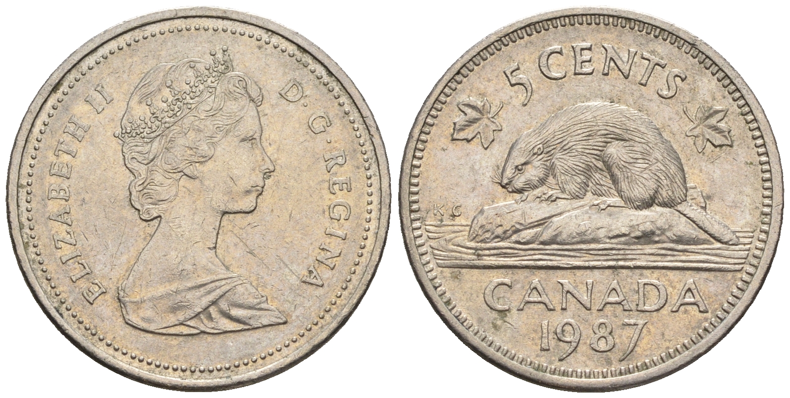 Канада 5 центов 1987 Елизавета II (1952-2022), бобер KM 60.2 a медно-никель 4609-433