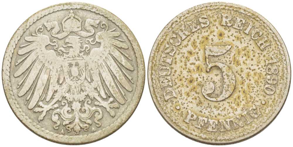 ГЕРМАНИЯ 5 ПФЕННИГОВ 1890 A KM 11, J. 12, Weege 6 медно-никель 206-867
