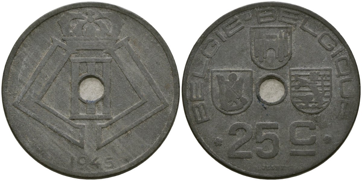 Бельгия 25 сантимов 1945 BELGI? - BELGIQUE KM 132 цинк 4132-235