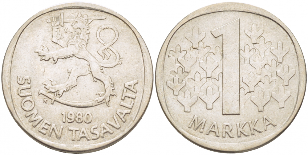 ФИНЛЯНДИЯ 1 МАРКА 1980 K KM 49а медно-никель UNC 3718-827