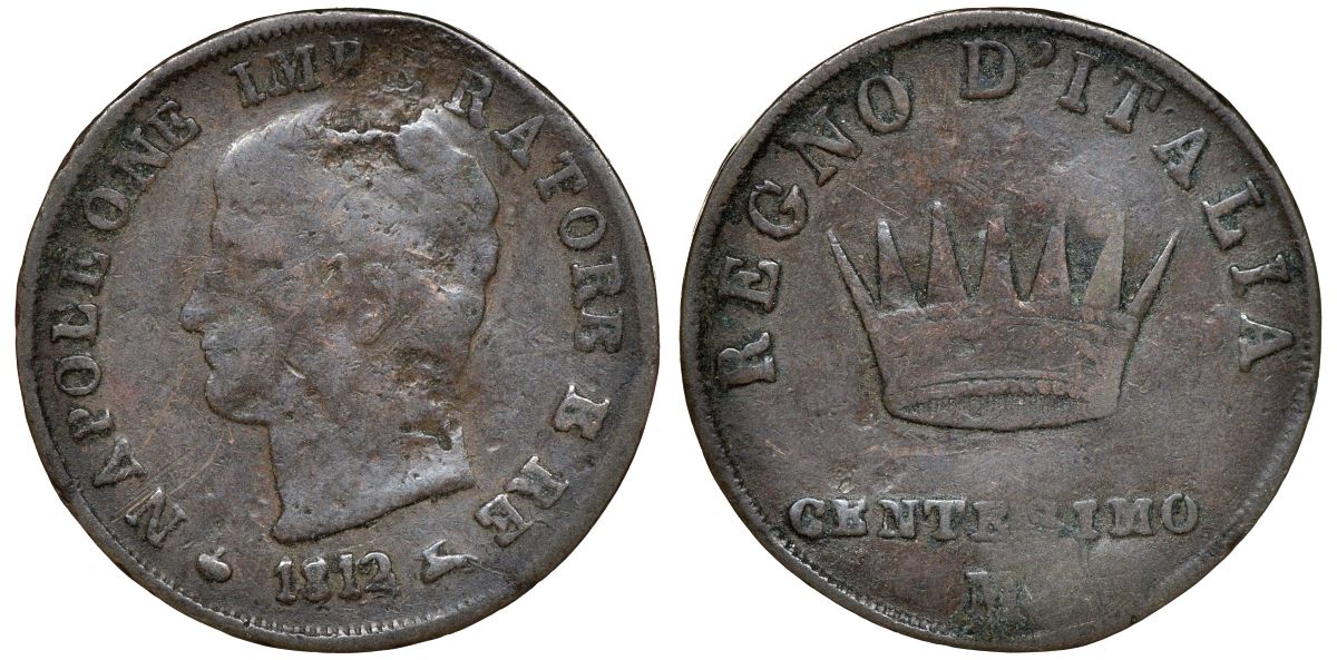 Италия, королевство Наполеон 1 чентезимо 1812 M, французское правление С 1.2 медь 4164-629