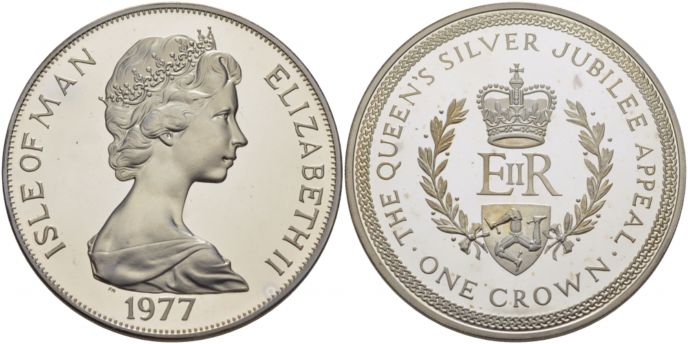 Остров Мэн 1 крона 1977 Серебряный юбилей правления королевы Елизаветы II KM 42а серебро PROOF 11-152-13