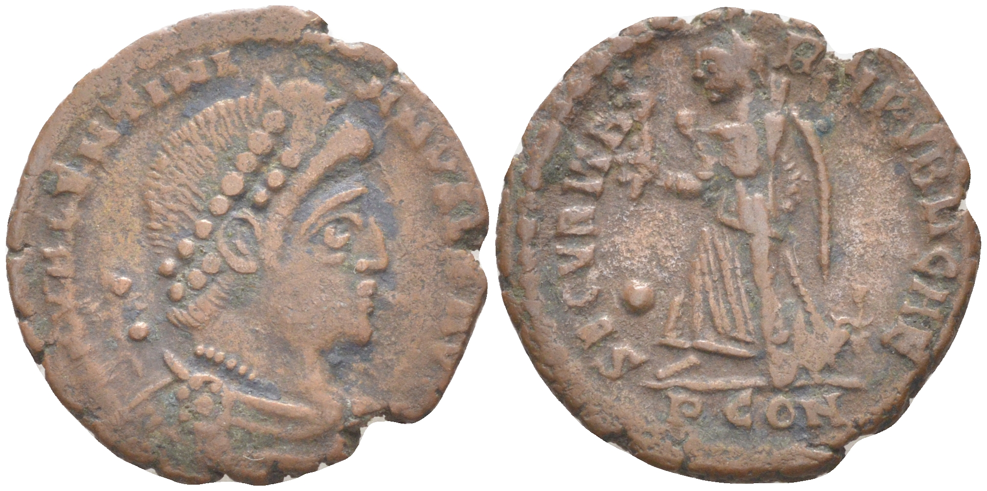 Римская Империя центенионалий 367 - 375 Валентиниан I, бюст императора, DN VALENTINIANVS PF AVG / Виктория, SECVRITAS REIPVBLICAE, Арелат (Константина) (из немецкой коллекции 1-й половины XX века, с владельческим конвертом) RIC 17 (a) бронза 1073-14-93