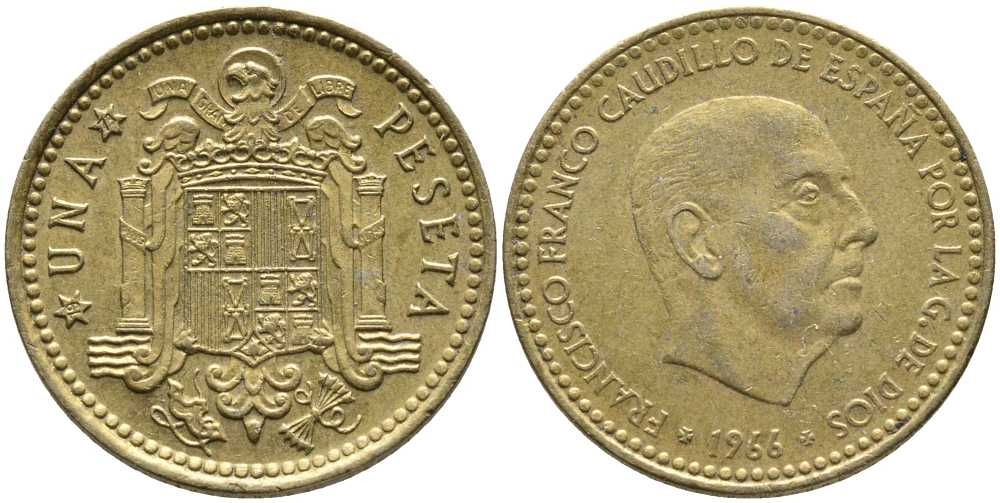 ИСПАНИЯ 1 ПЕСЕТА 1966 (73) ФРАНСИСКО ФРАНКО ДИКТАТОР ИСПАНИИ (1939-1975) KM 796 алюминиевая бронза 110-1236