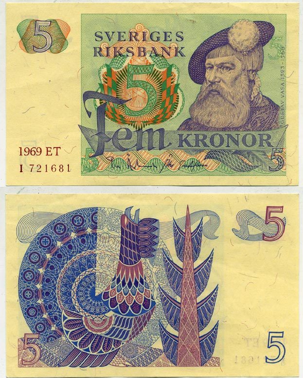 Швеция 5 крон 1969 ET, Густав I Ваза Pick 51a бумага 445-71-1