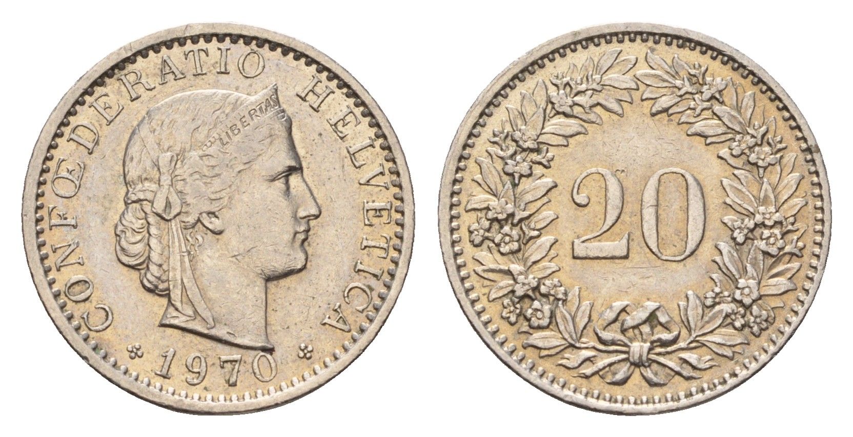 Швейцария 20 раппенов 1970 B KM 29a медно-никель 187-522