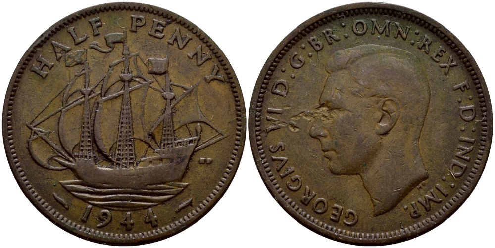 Великобритания 1/2 пенни 1944 Георг VI (1936-1952) KM 844, Spink 4115 бронза 57-352