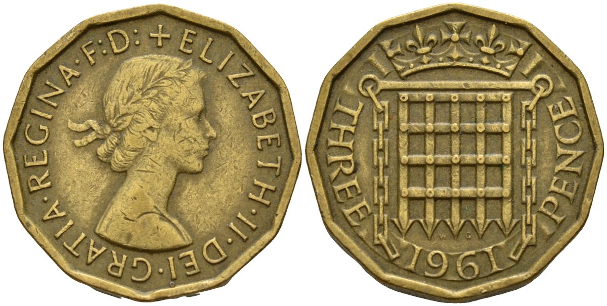 Великобритания 3 пенса 1961 Елизавета II (1952-2022) KM 900, Spink 4153 никель латунь 4150-731