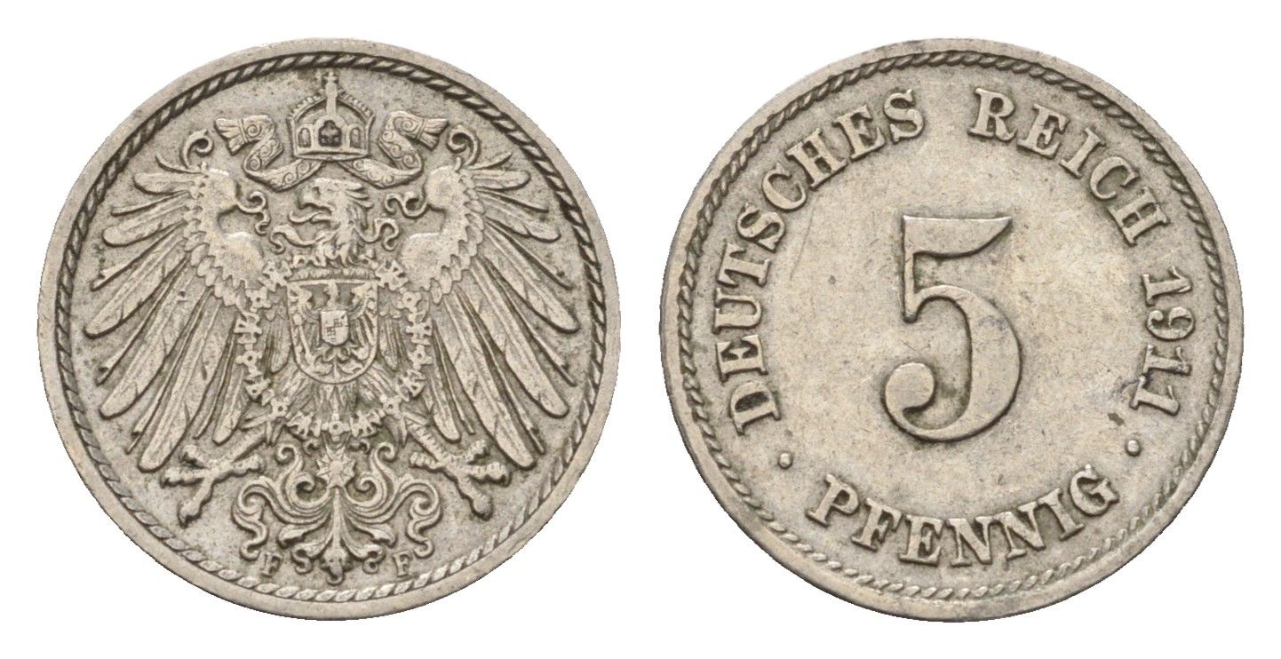 Германия 5 пфеннигов 1911 F, Вильгельм II (1888-1918) KM 11, J. 12 медно-никель 4636-231