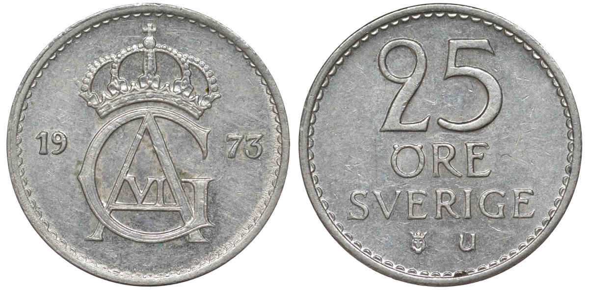 Швеция 25 эре 1973 Густав VI Адольф (1950-1973) KM 836 медно-никель 4596-343