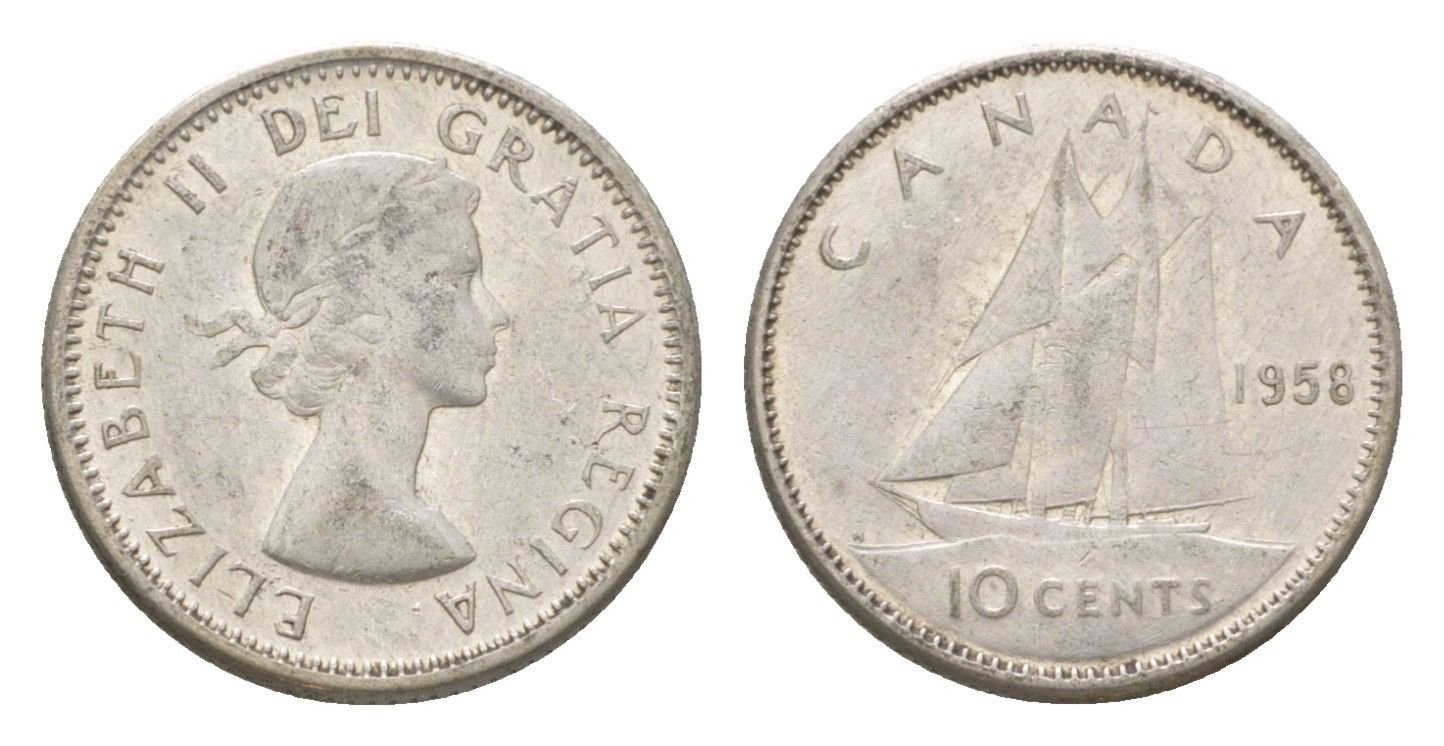 Канада 10 центов 1958 Елизавета II (1952-2022), парусник KM 51 серебро 4623-913