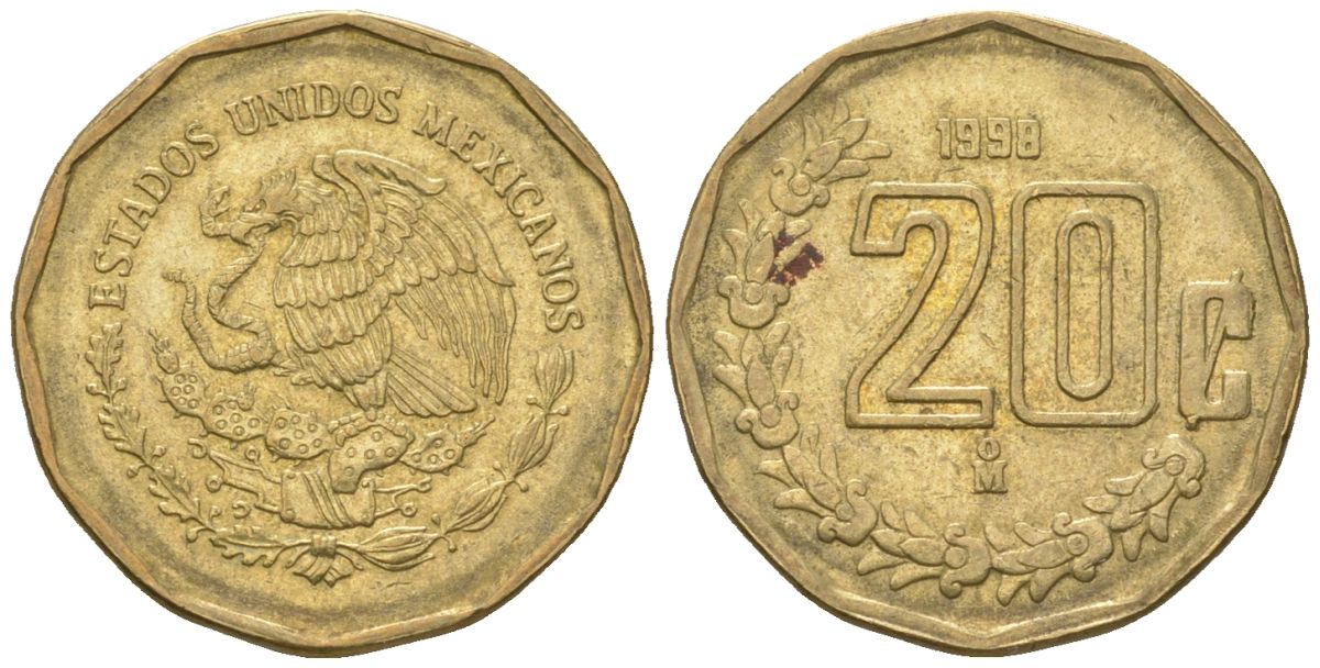Мексика 20 сентаво 1998 M KM 548 алюминиевая бронза 4598-626