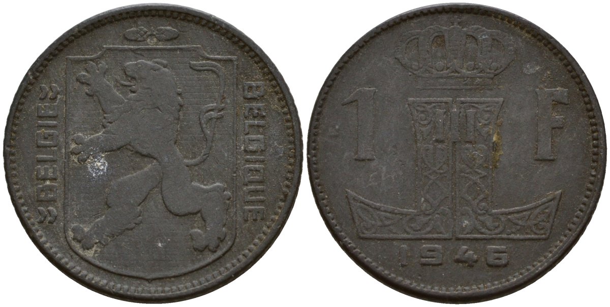 Бельгия 1 франк 1946 Belgie - Belgique, Леопольд III (1934-1947), германская оккупация, Вторая мировая война KM 128 цинк 4161-623