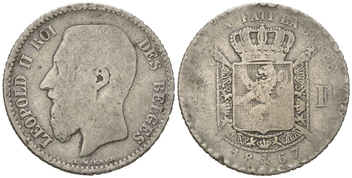 Бельгия 1 франк 1867 DES BELGES, Леопольд II (1865-1909) KM 28 серебро 4543-1133