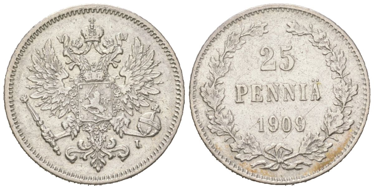 Россия для Финляндии 25 пенни 1909 L, Николай II (1894-1917) KM 6.2, Биткин 417 серебро 3851-1064