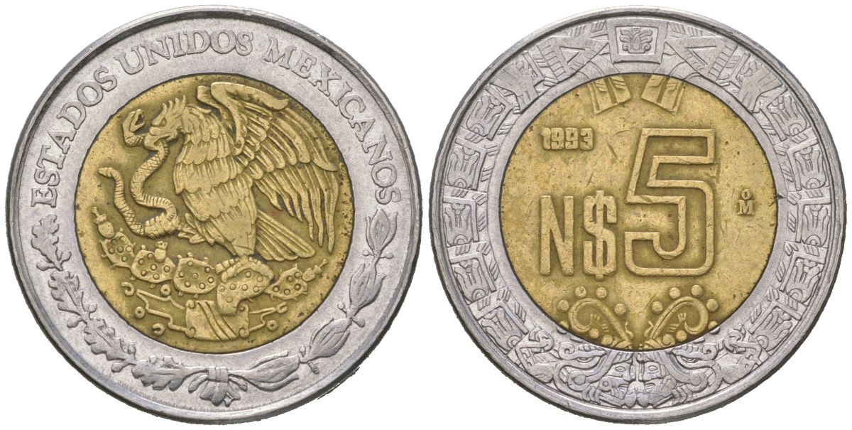 Мексика 5 новых песо 1993 M KM 552 биметалл 4525-1234