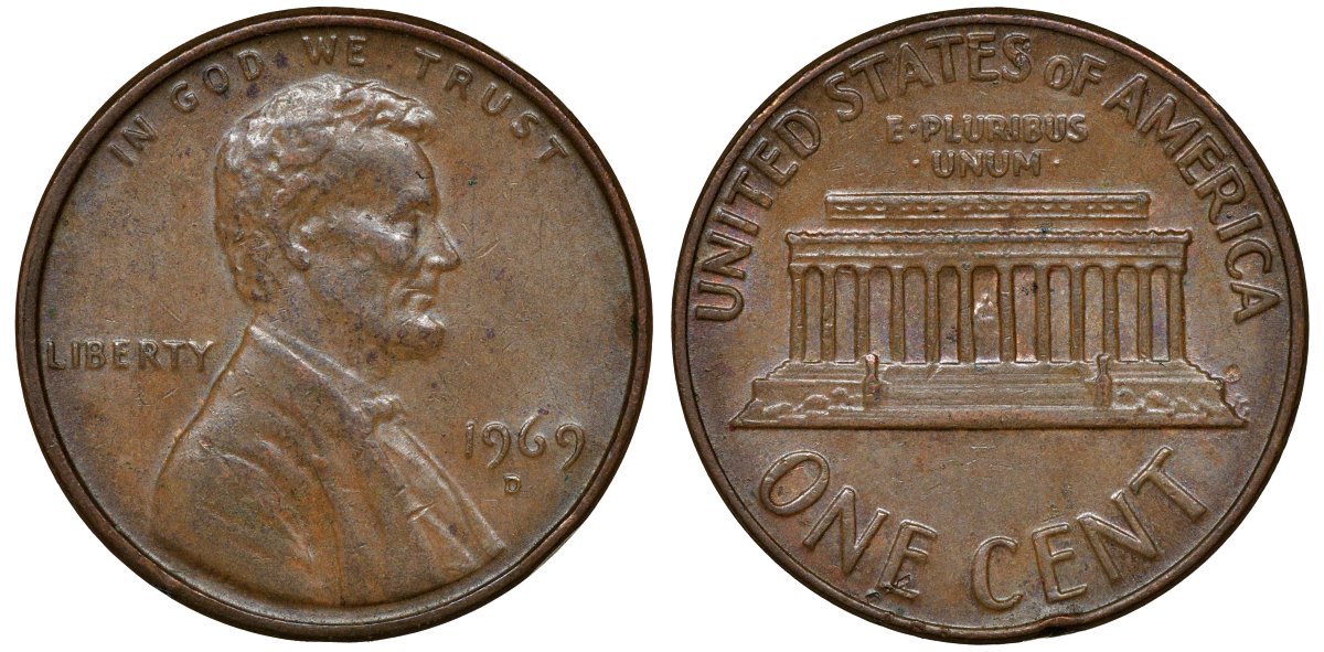 США 1 ЦЕНТ 1969 D, ЛИНКОЛЬН KM 201 медь цинк 72-1122